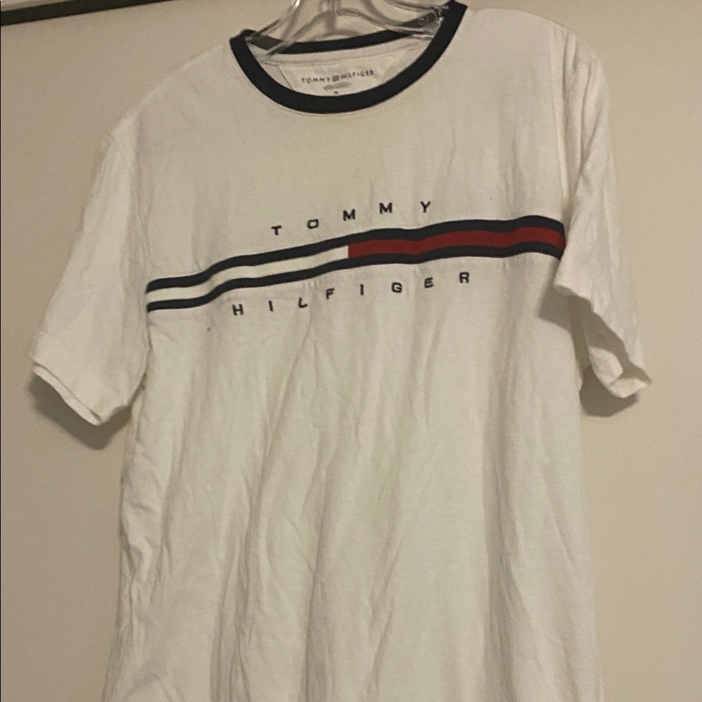 Tommy Hilfiger White Tee with Red and Blue Stripes